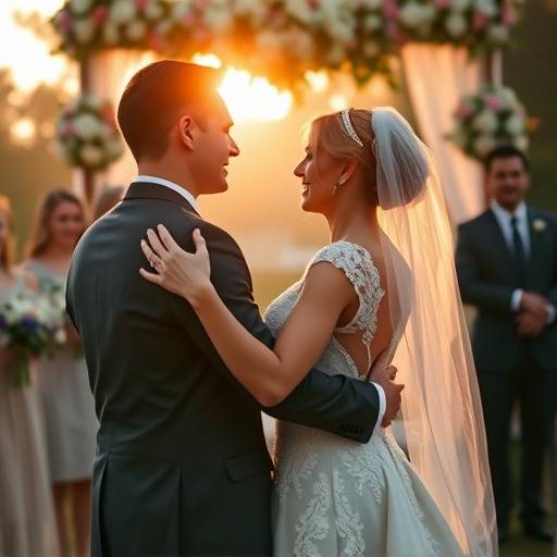Casal de noivos se abraäando durante a cerimônia de casamento