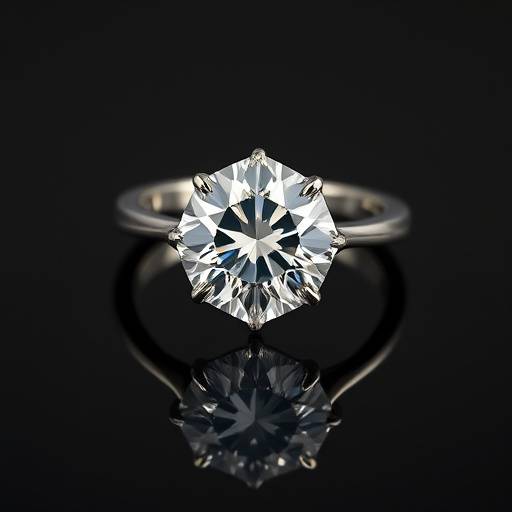 Fotografia de produto de uma joia, um anel de diamantes, em um fundo preto reflexivo, realäando o brilho e os detalhes da peäa.