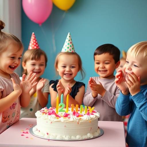 Fotografia de um bolo de aniversário sendo cortado durante uma festa de aniversário infantil, com as crianäas ao redor sorrindo e aplaudindo.