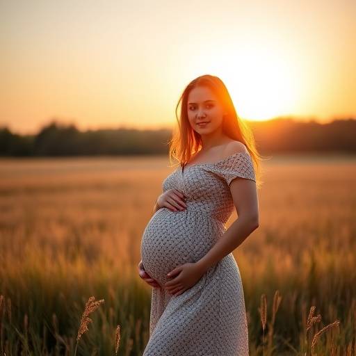 Mulher grávida posando para uma foto de gestante em um campo