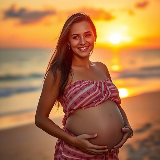 Uma mulher grávida sorrindo e segurando a barriga em uma praia ao pôr do sol.