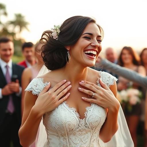 Uma noiva rindo alegremente enquanto é abraäada por suas damas de honra em um jardim florido.